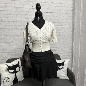 Apricot white pointelle knit cardigan shrug ribbed waist xs